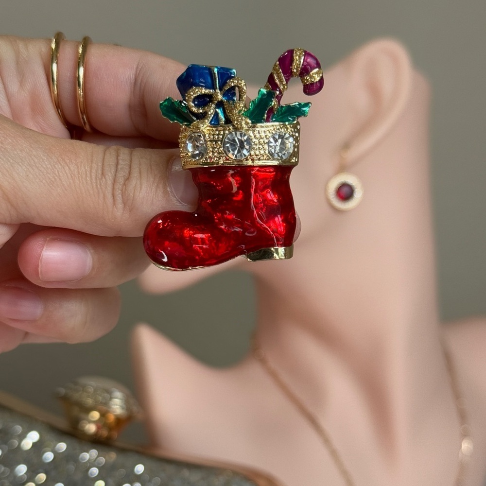 Festive Christmas Gold Red Boot Brooch with Crystals - Picture 6 of 7